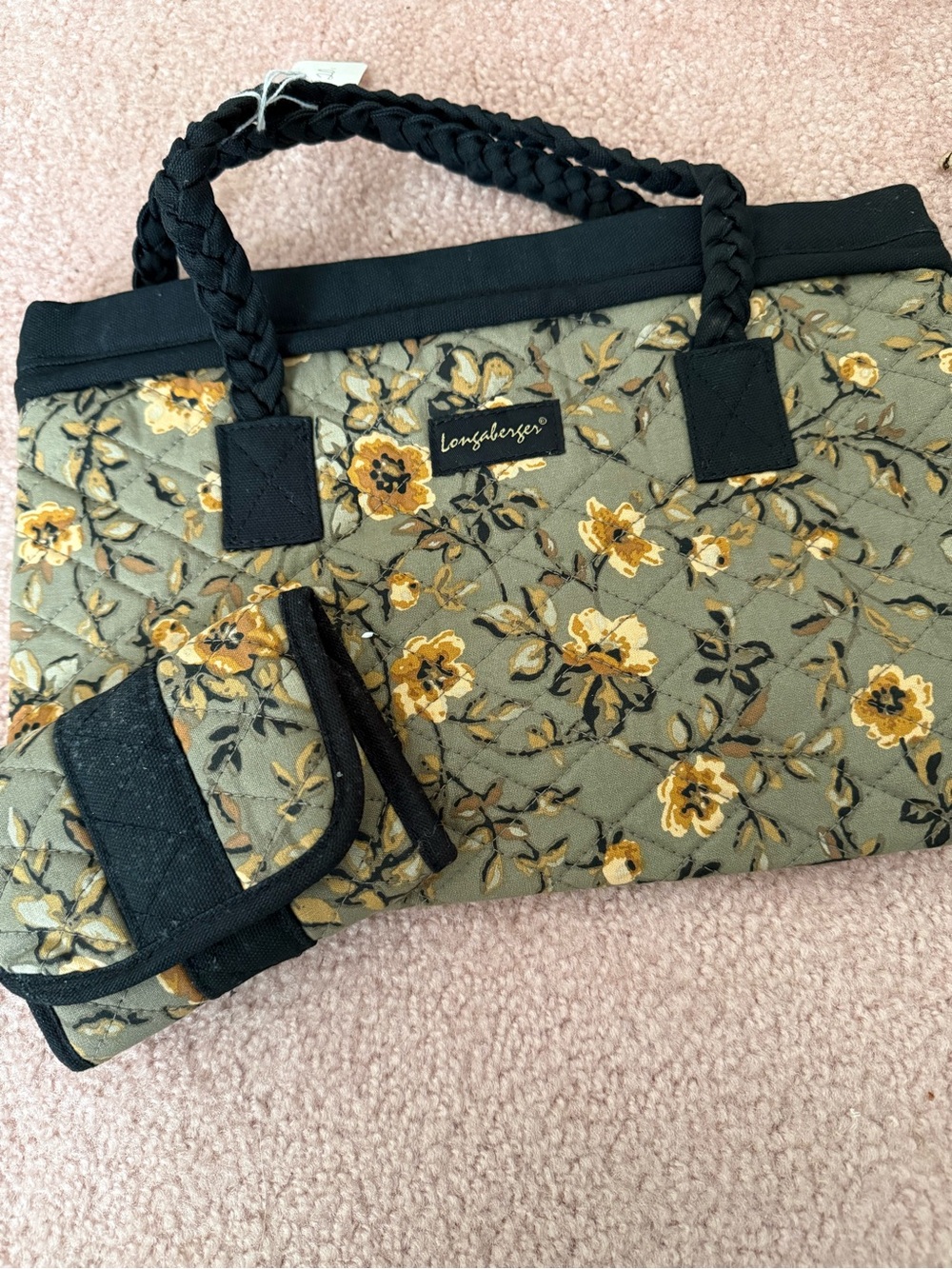 Longaberger Olive Floral Quilted Tote with Black Handles